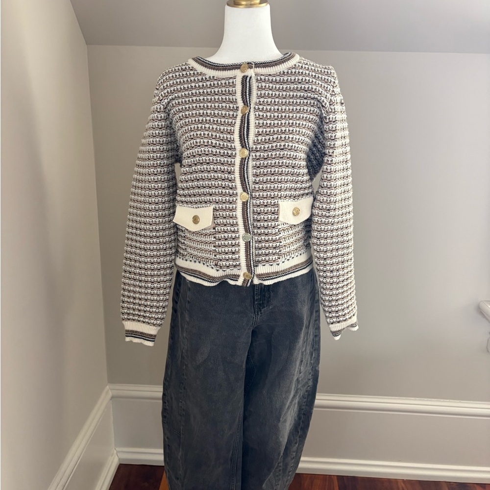 Nanette Lepore Cream and Black Textured Button Cardigan